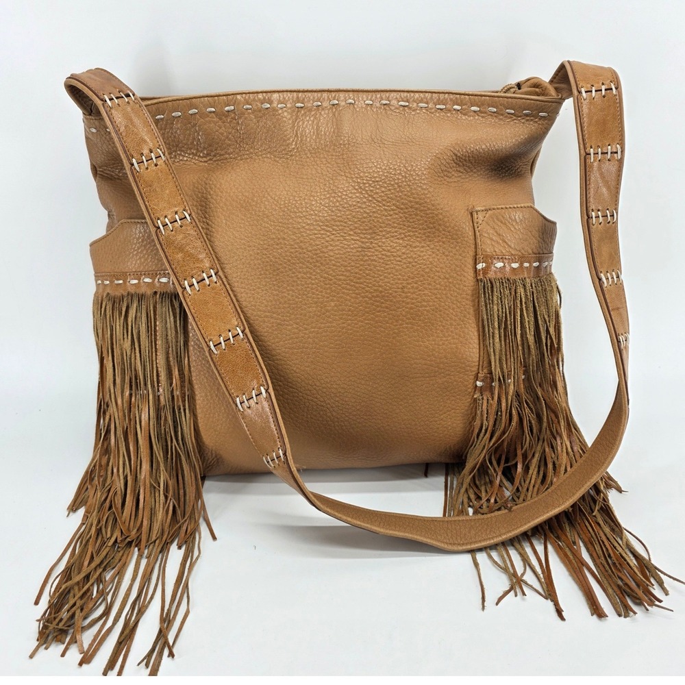 Leather Fringe Hobo Shoulder Bag Whipstitch Boho Tan Western Sabina NY Festival
